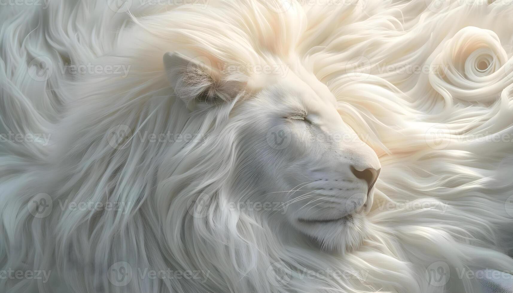 AI generated a white lion laying down with its eyes closed photo