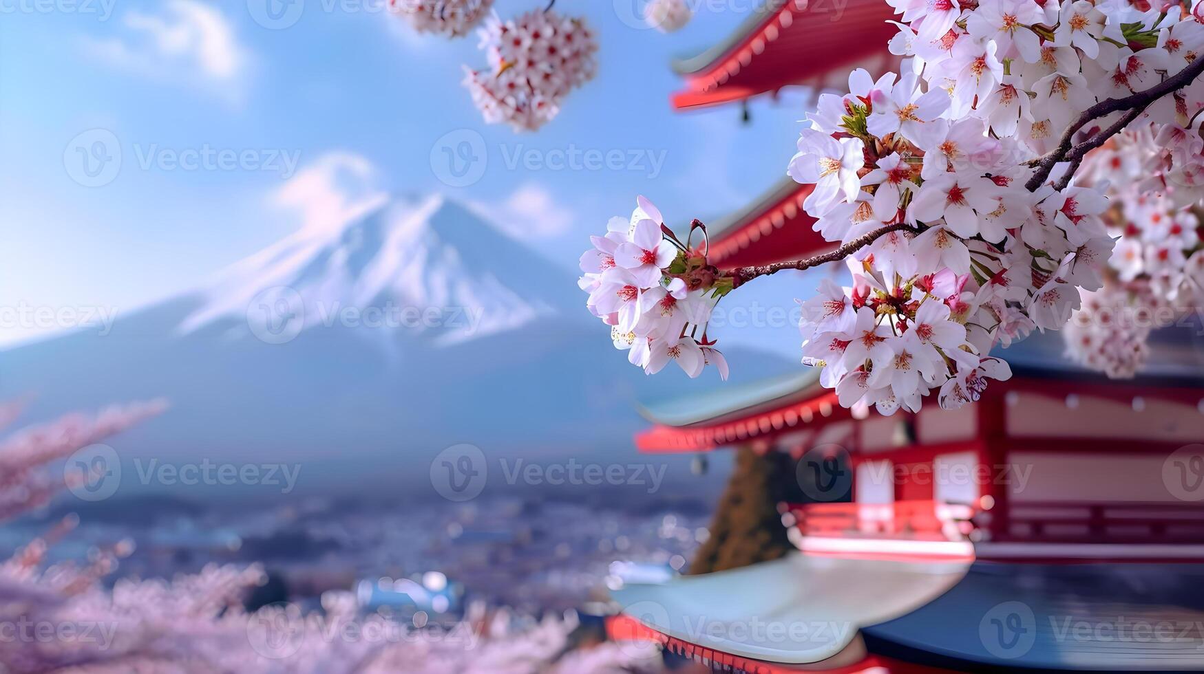 ai generado un Cereza florecer árbol con un montaña en el antecedentes foto