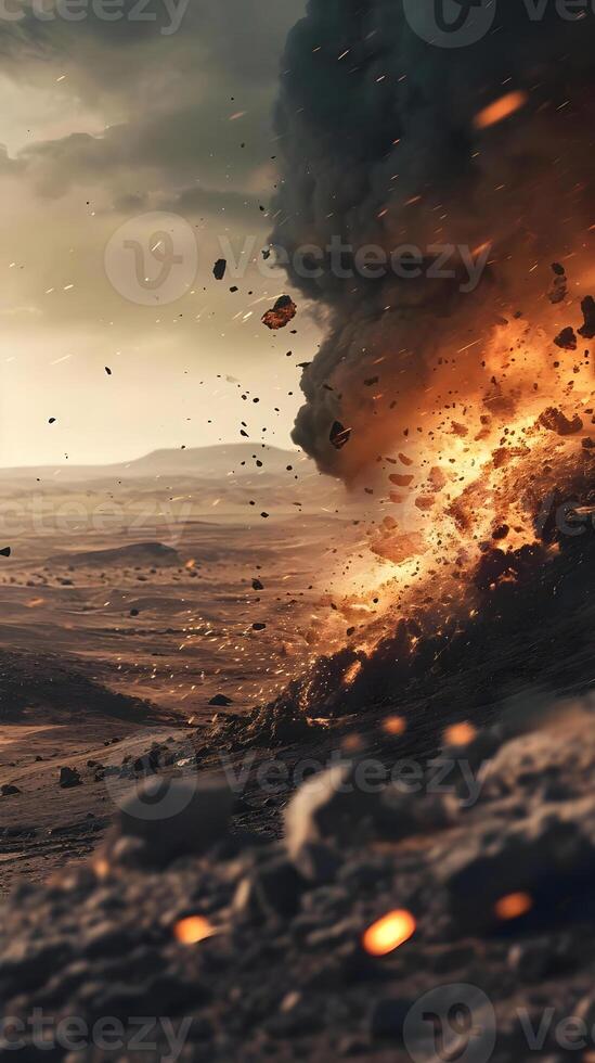 AI generated a huge explosion of rocks and debris in the desert photo
