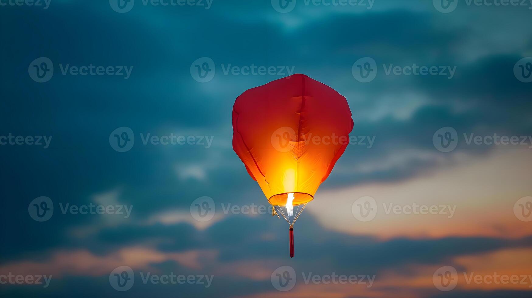 ai generado un rojo papel linterna flotante en el cielo foto