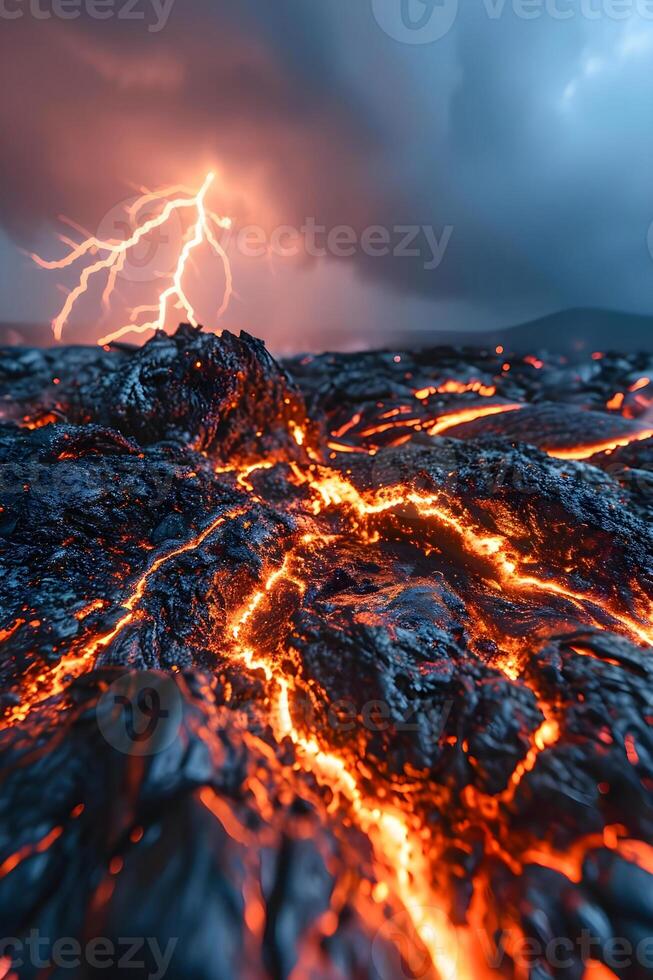 ai generado un relámpago tornillo golpear terminado un lava cubierto en lava foto