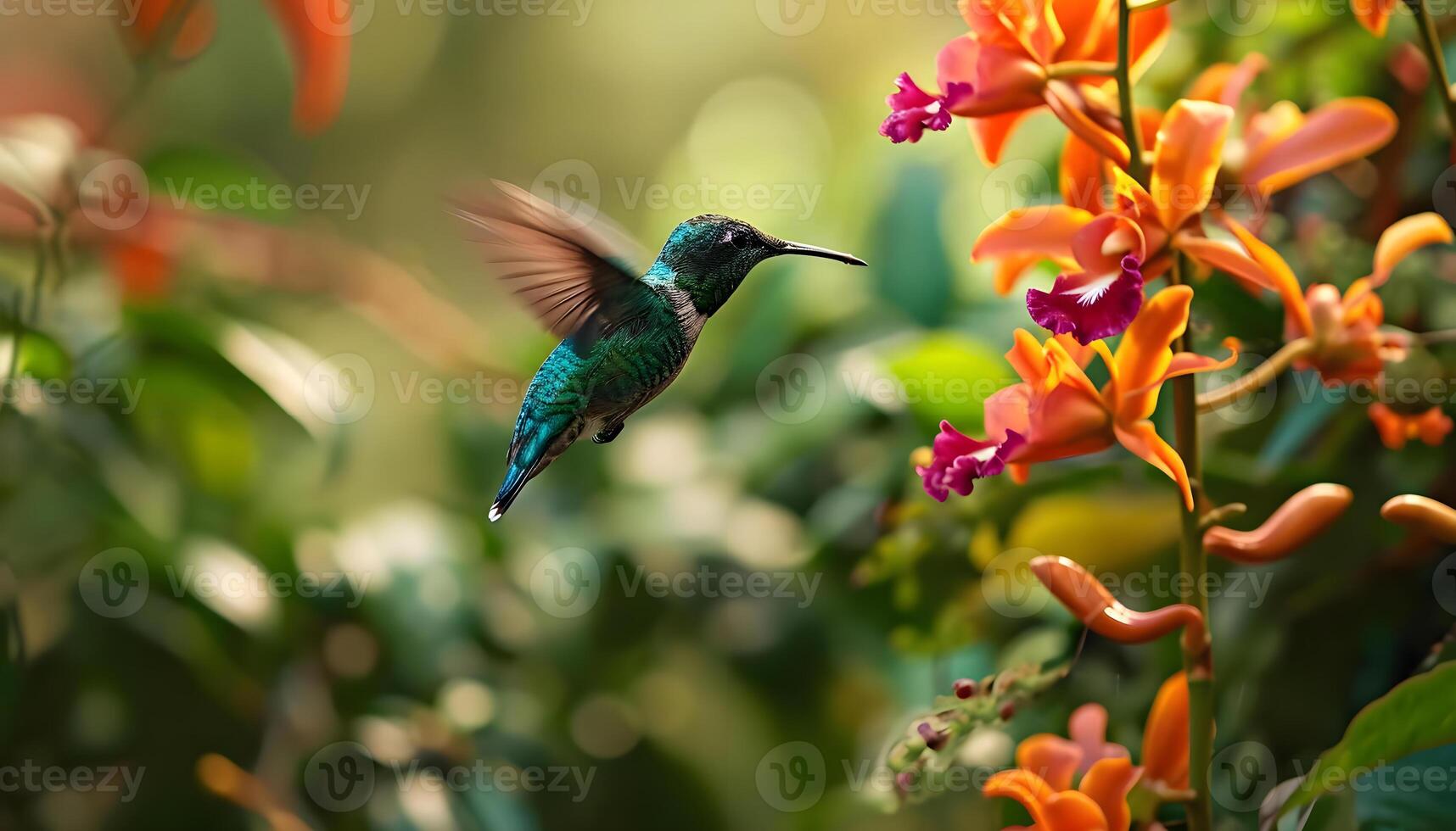 ai generado un colibrí volador cerca un manojo de flores foto