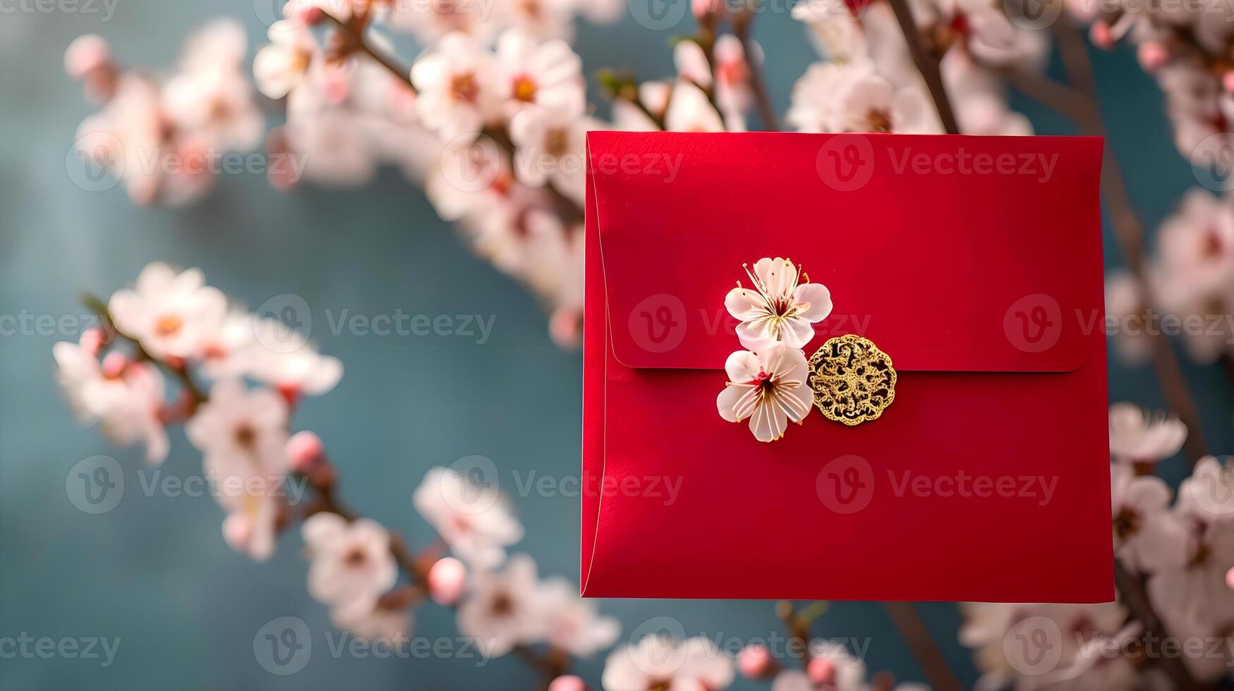 AI generated a close up of a red envelope with flowers on it photo
