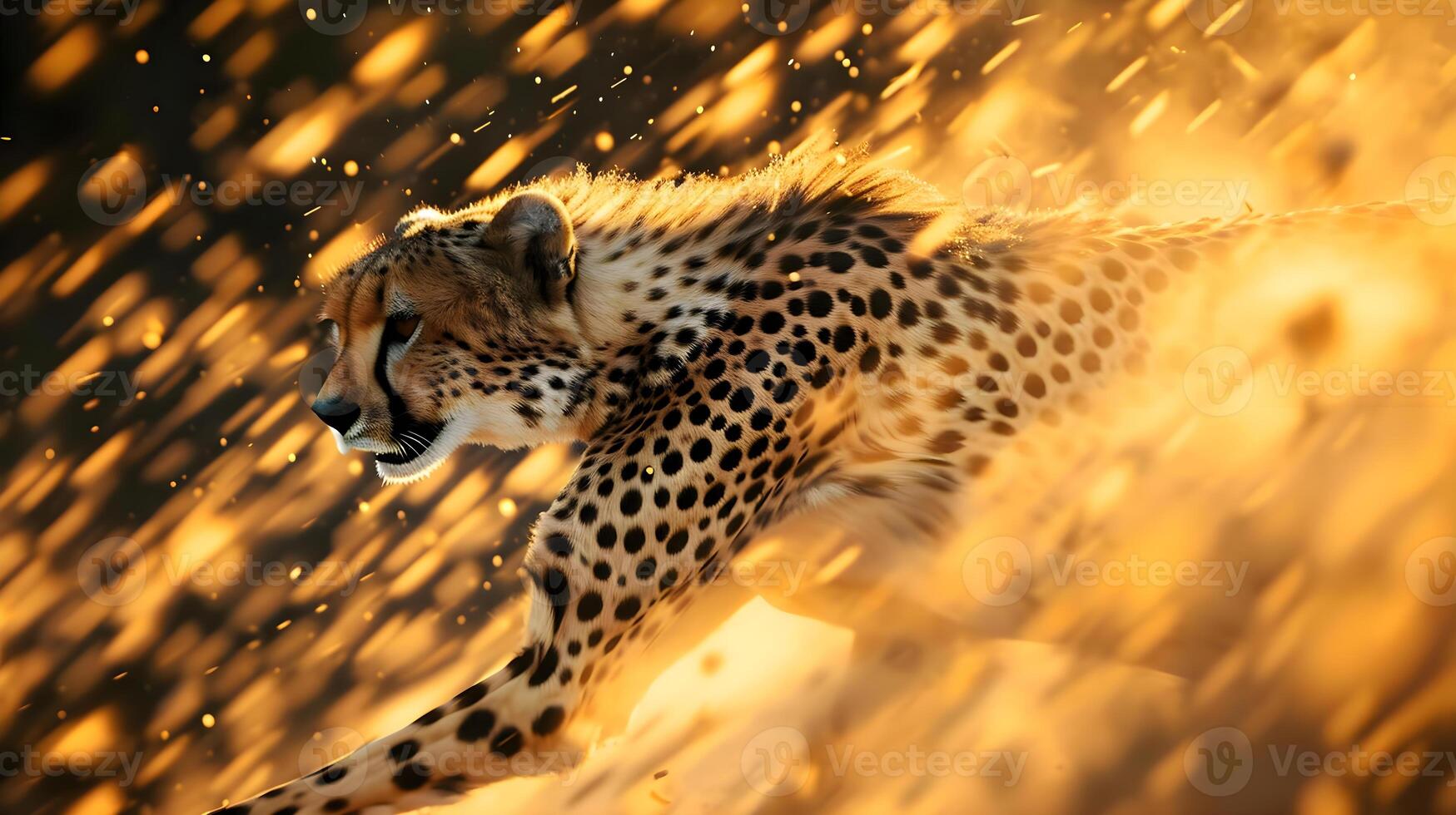 AI generated a cheetah running through the desert in the sun photo