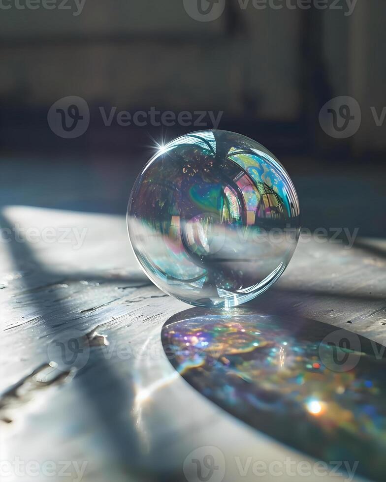 AI generated a glass ball sitting on top of a wooden table photo