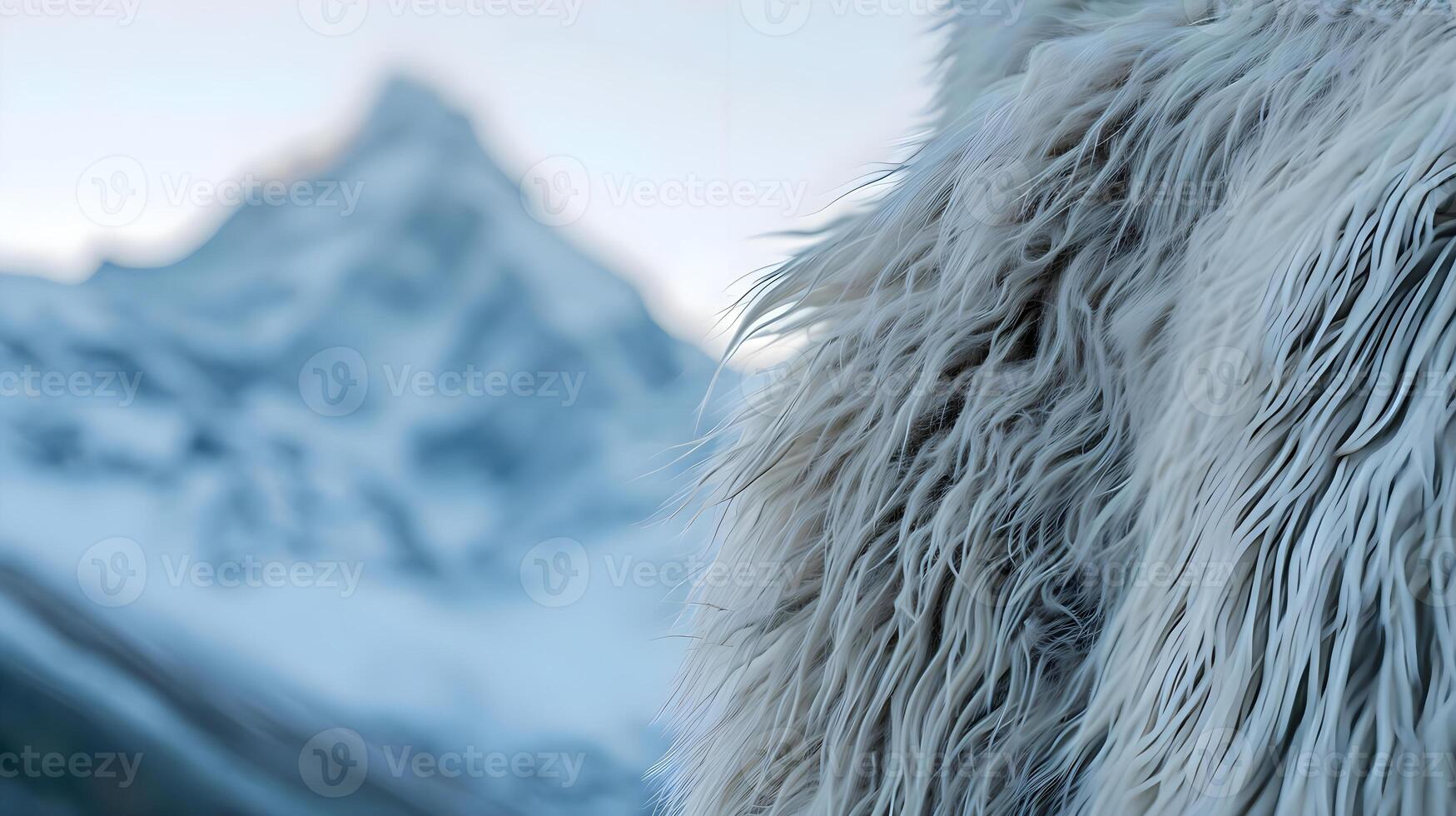 ai generado un cerca arriba de un peludo animal con montañas en el antecedentes foto