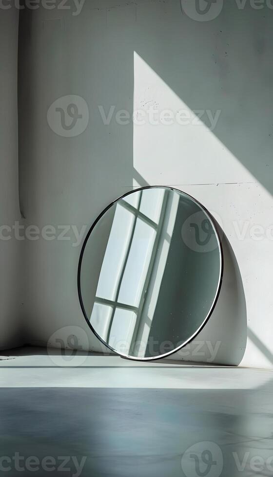AI generated a round mirror sitting on top of a white floor photo