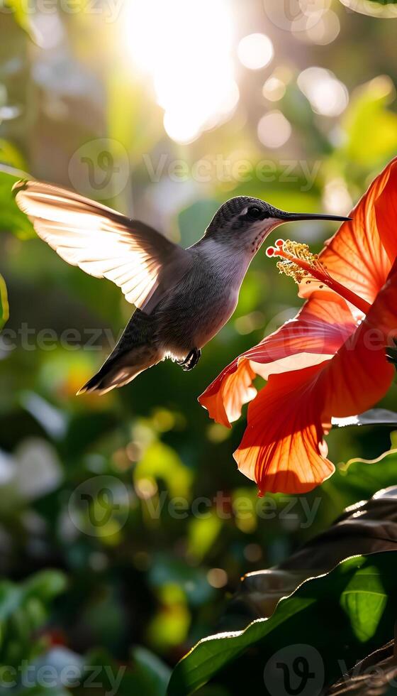 AI generated a hummingbird hovering over a red flower photo