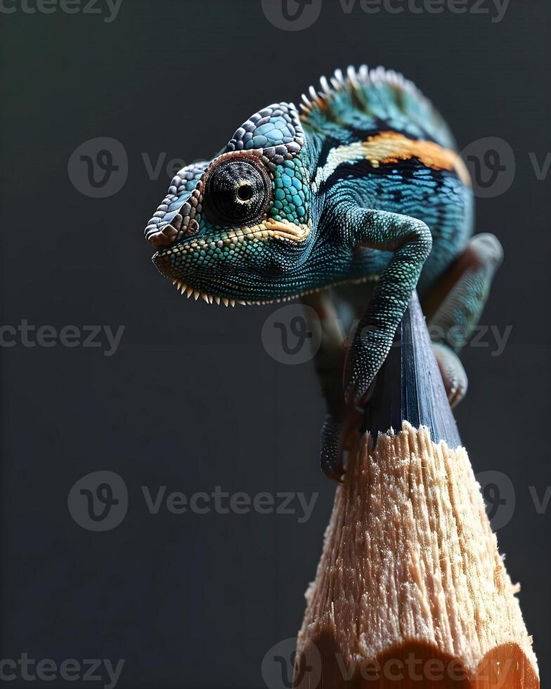AI generated a small chamelon sitting on top of a pencil photo