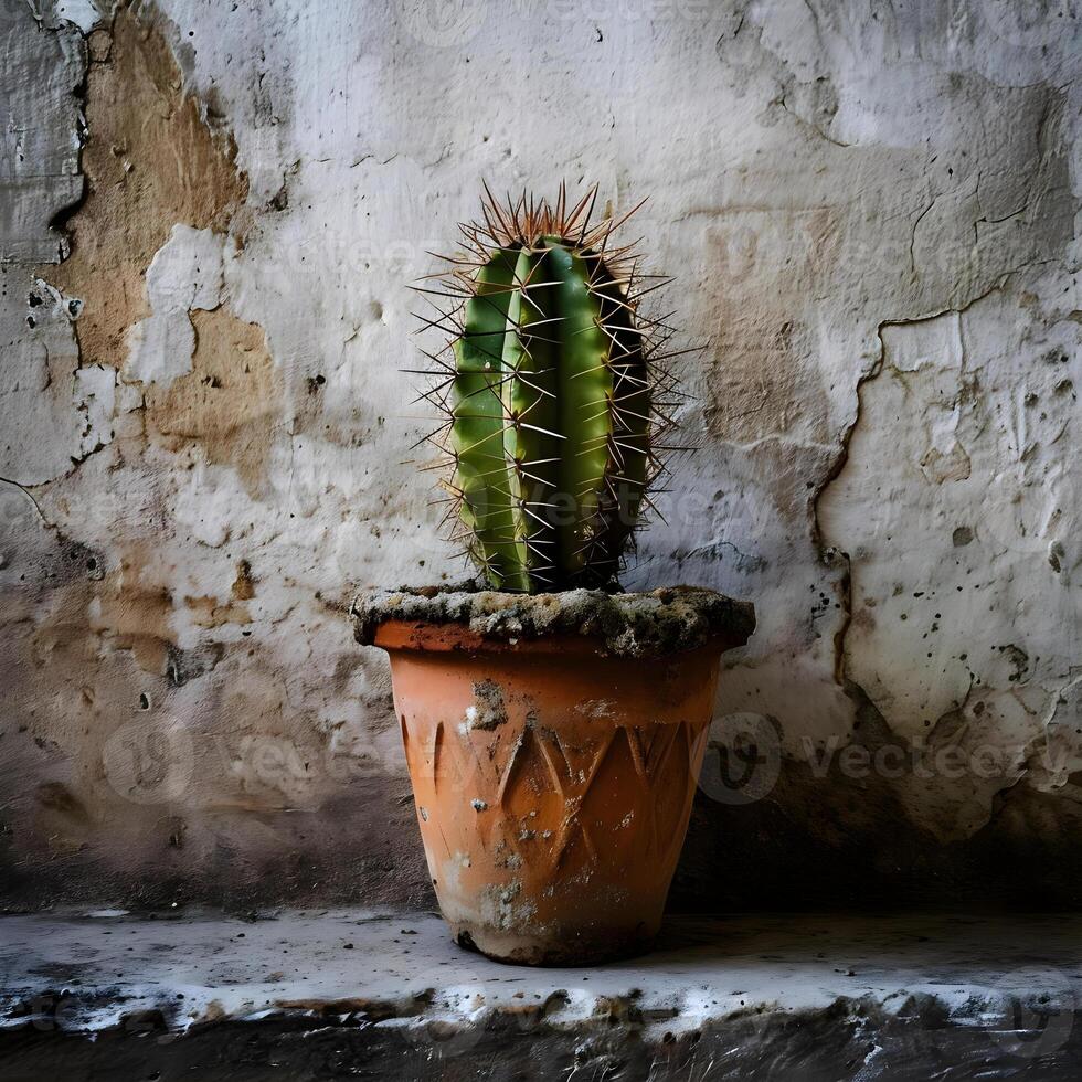 AI generated a cactus in a clay pot on a ledge photo