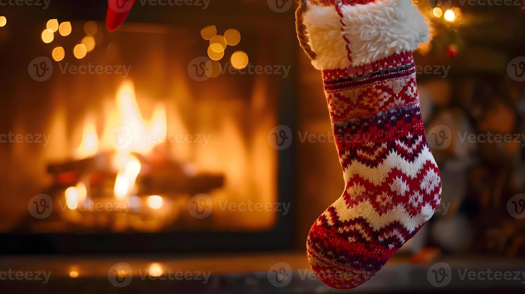 AI generated a red and white christmas stocking hanging from a fireplace photo