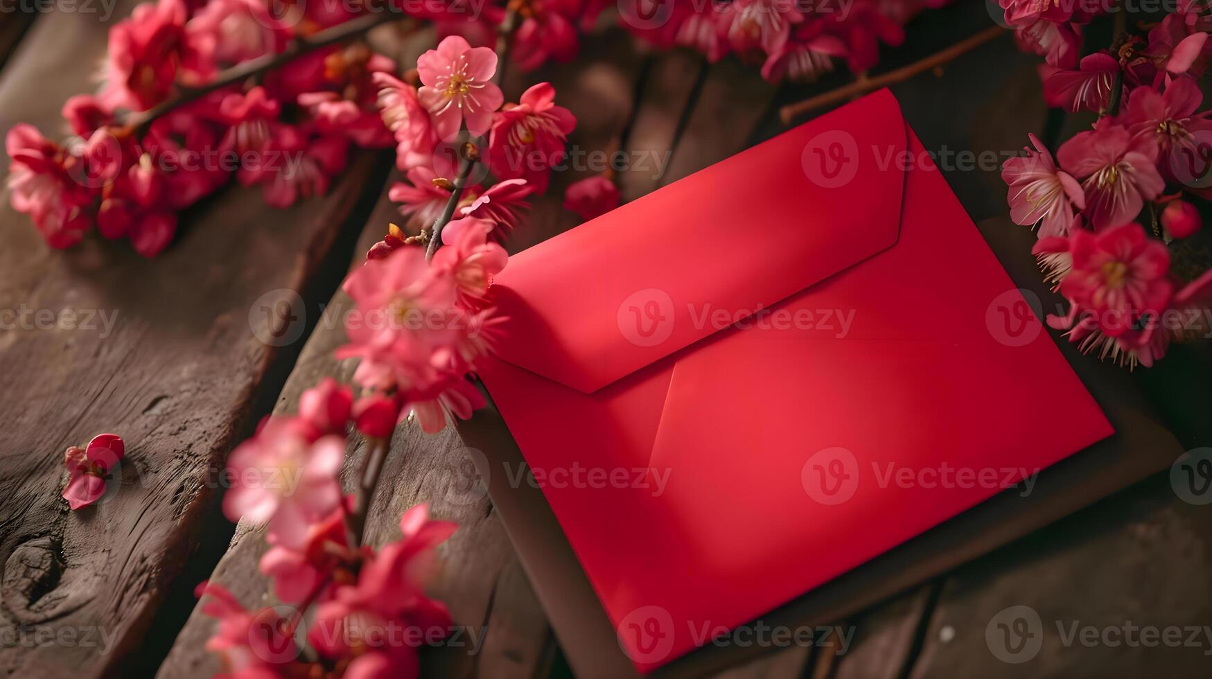 AI generated a red envelope sitting on top of a wooden table photo