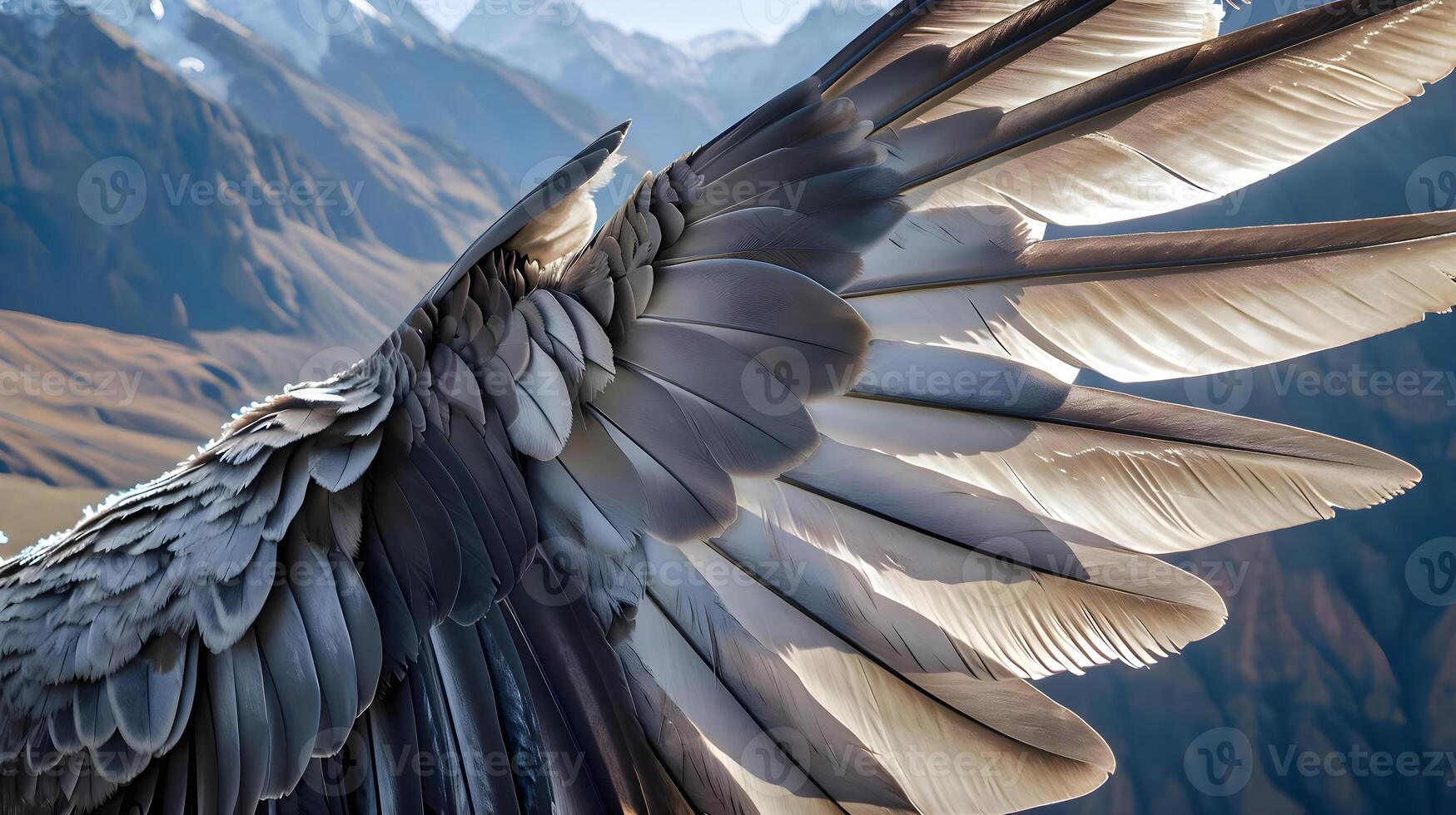 AI generated a close up of a bird's wing with mountains in the background photo