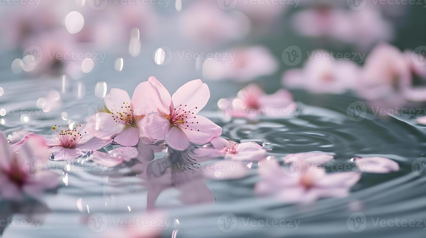 AI generated a group of pink flowers floating on top of a body of water photo