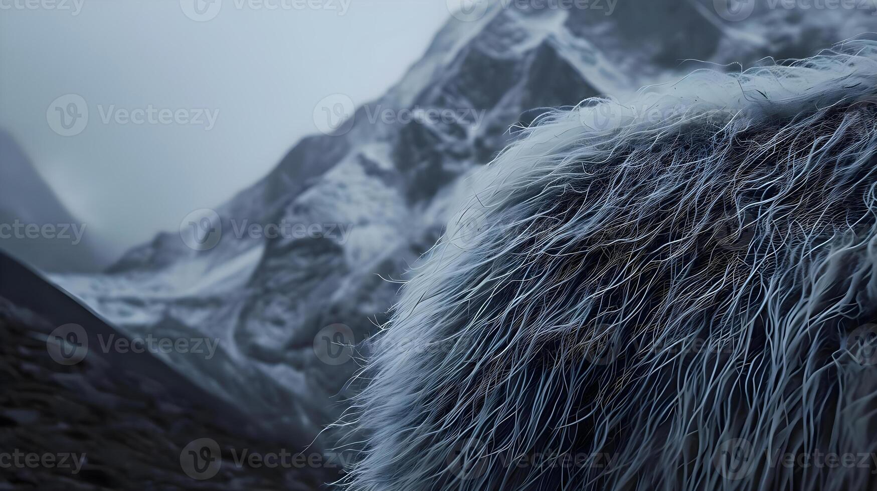 ai generado un cerca arriba de un peludo animal en frente de un montaña foto