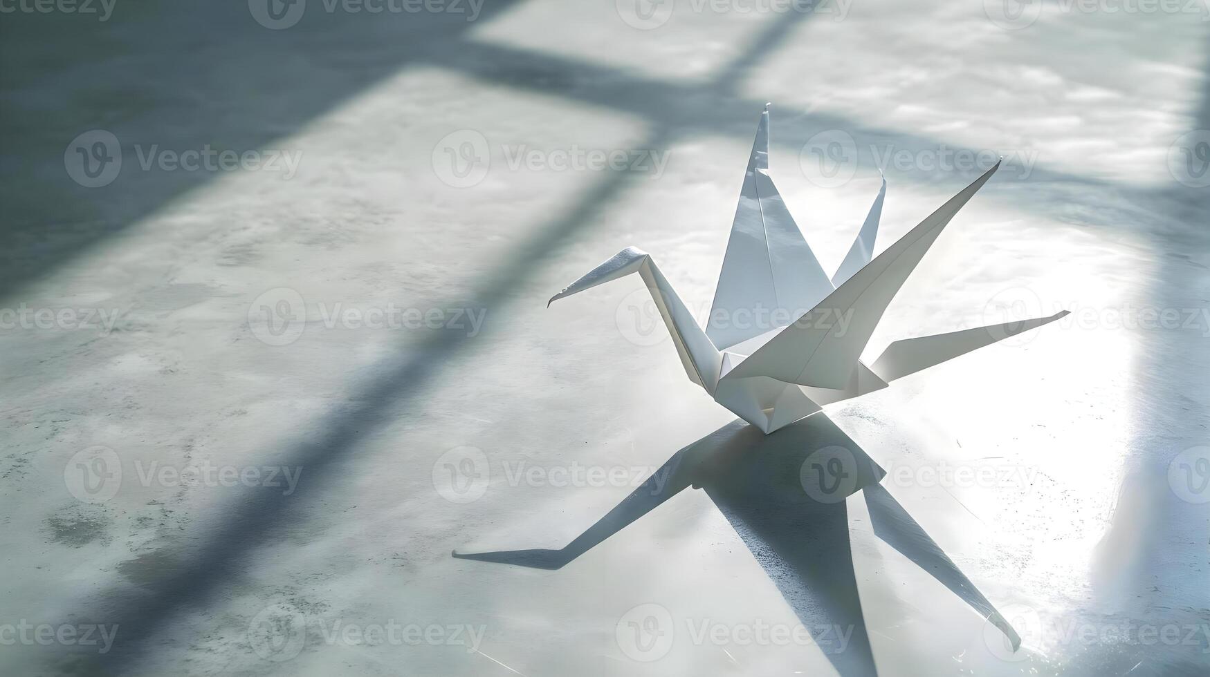 ai generado un blanco origami grua en un hormigón piso foto