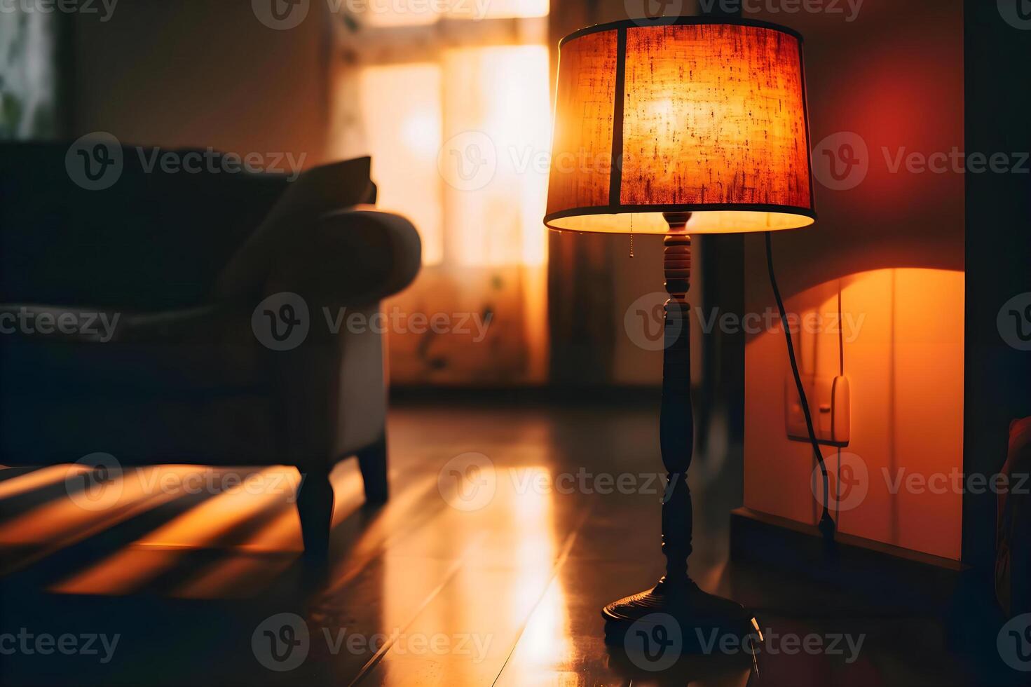 AI generated a living room with a couch and a lamp photo