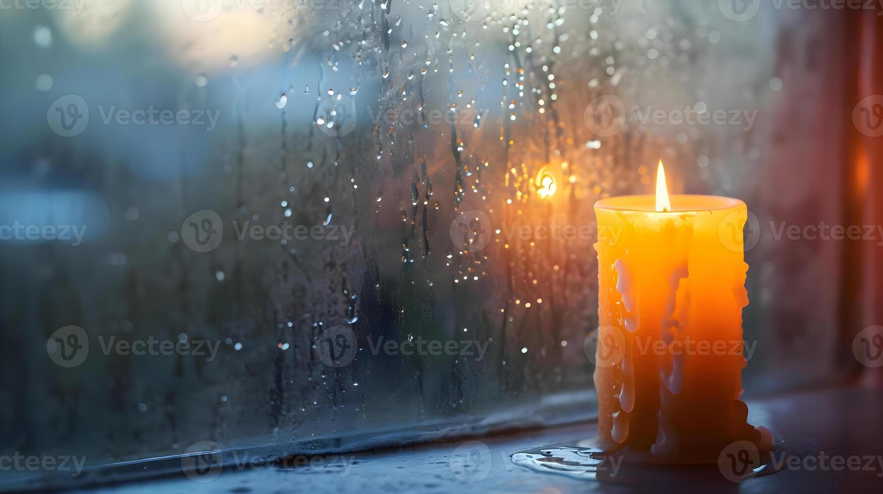 AI generated a candle sitting on a window sill in the rain photo