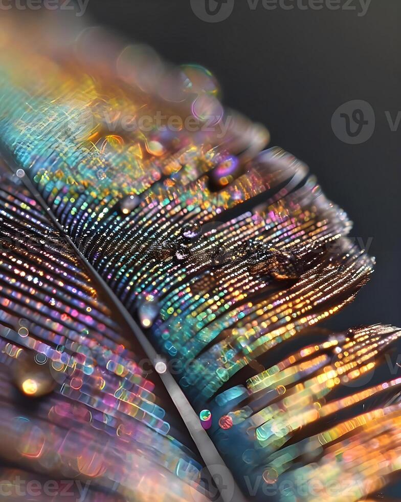 AI generated a close up of a colorful feather with drops of water on it photo