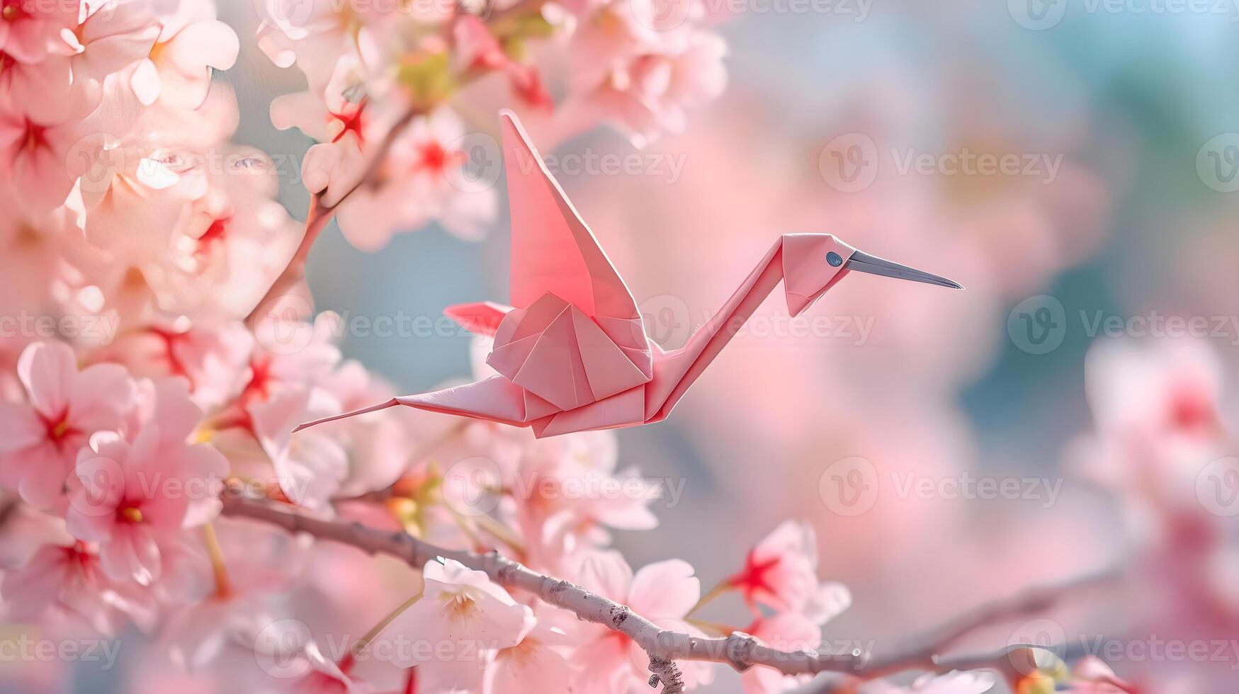 AI generated a pink origami bird sitting on top of a tree photo