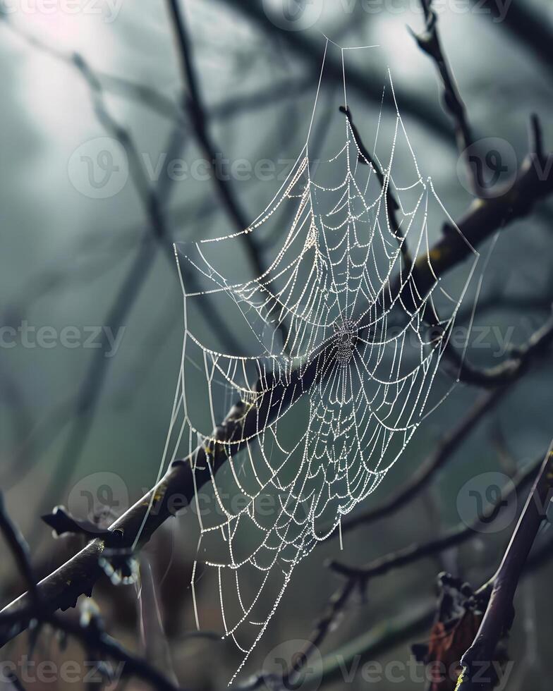 AI generated a spider web sits on a tree branch photo