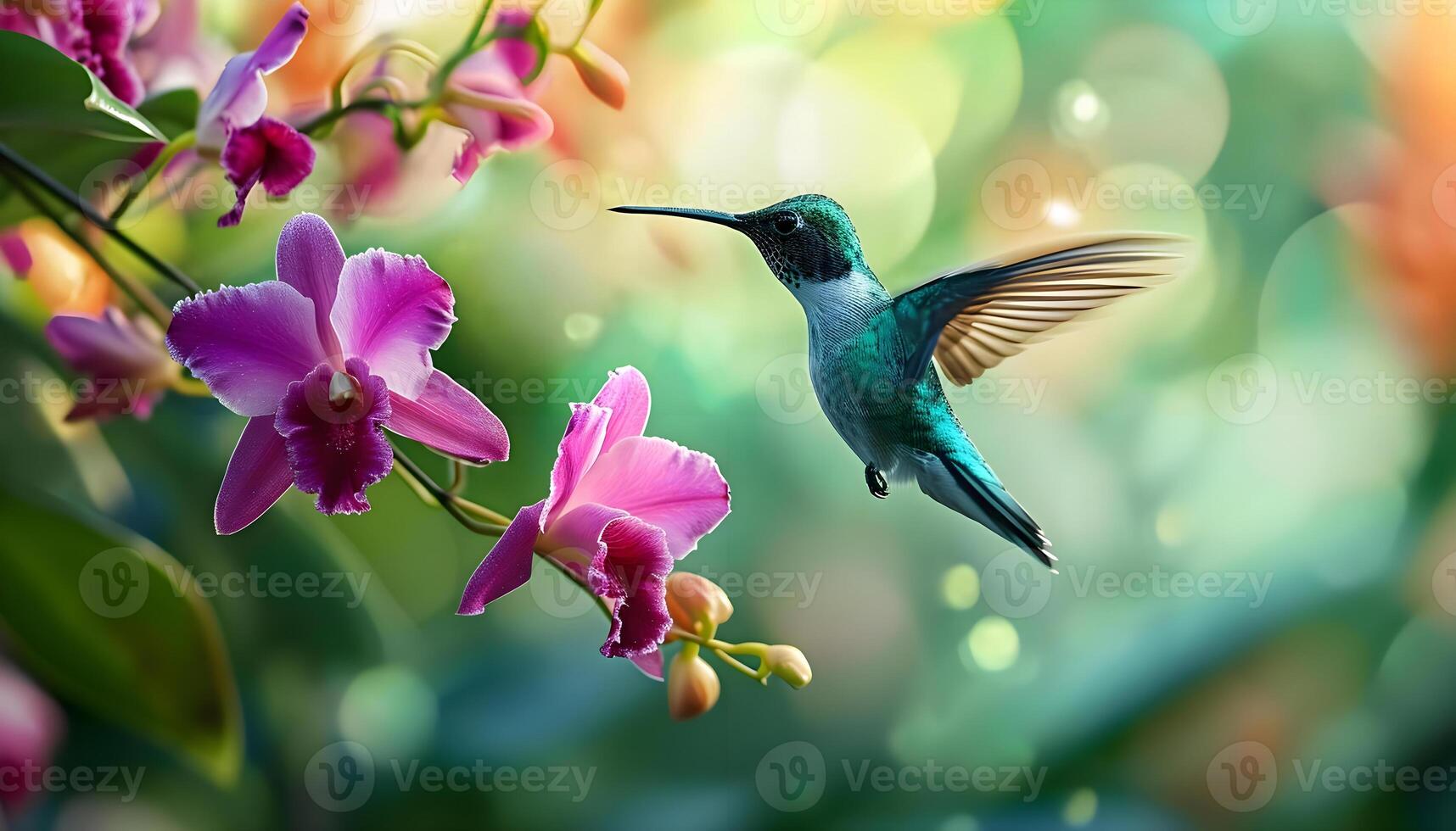 AI generated a hummingbird flying over a bunch of purple flowers photo