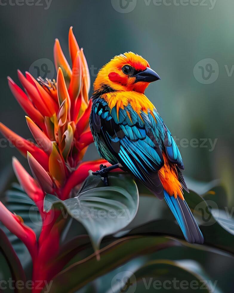 ai generado un vistoso pájaro sentado en parte superior de un rojo flor foto