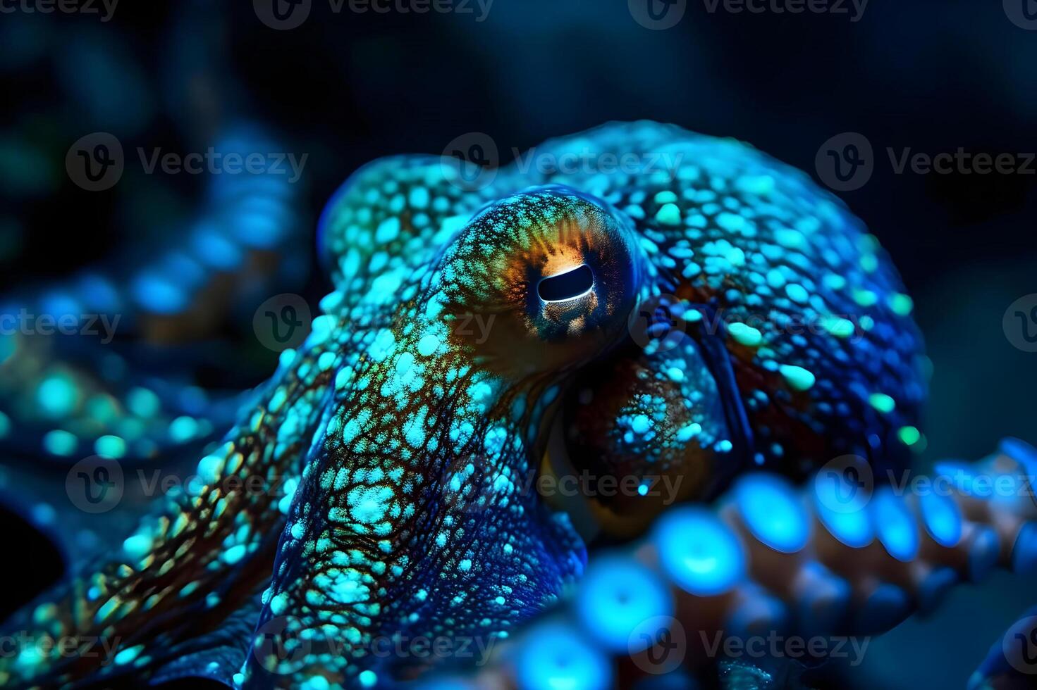 ai generado un cerca arriba de un azul y amarillo pulpo foto