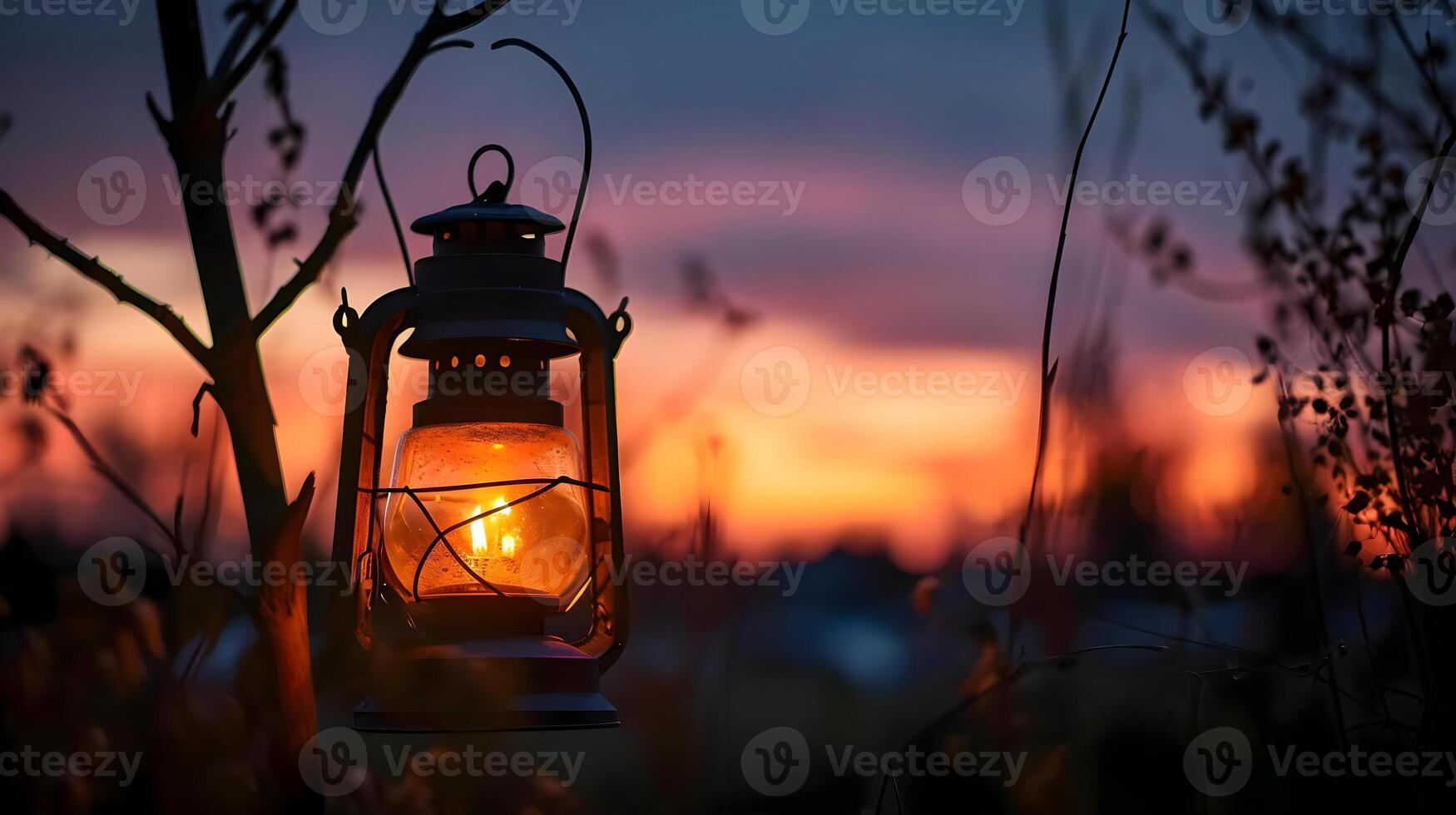 AI generated a lantern hanging from a tree with a sunset in the background photo