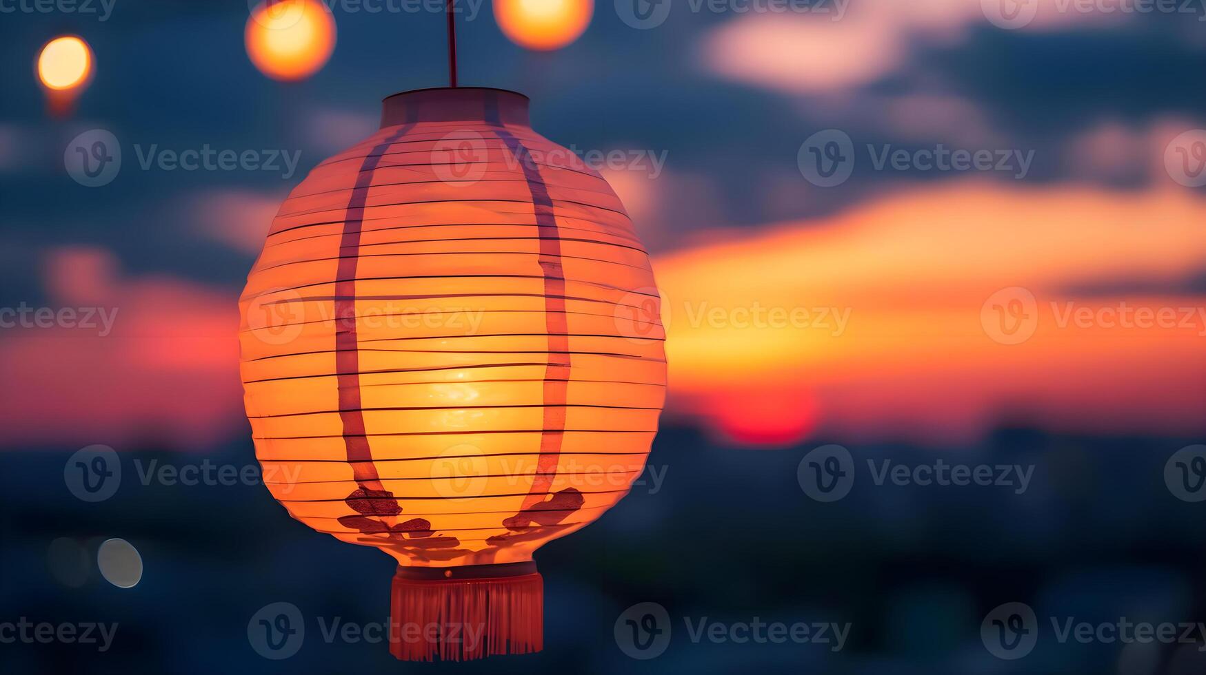 AI generated a close up of a paper lantern with a sunset in the background photo