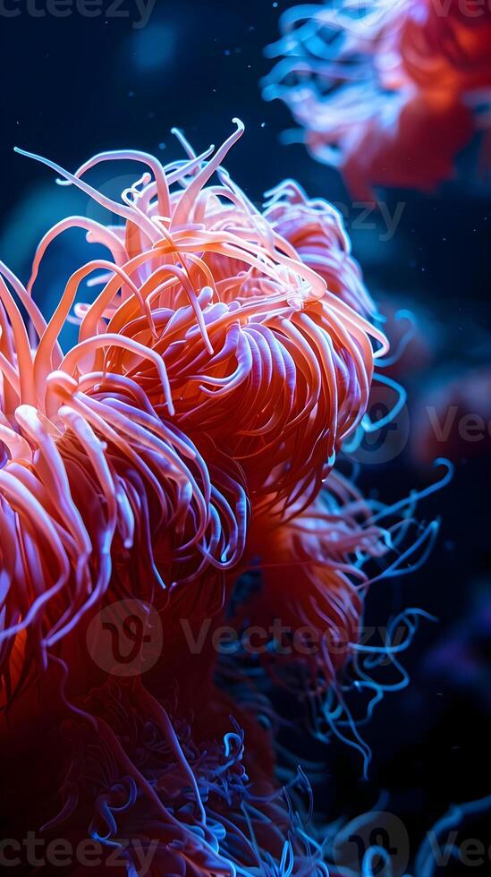 ai generado un cerca arriba de un naranja y azul mar anémona foto