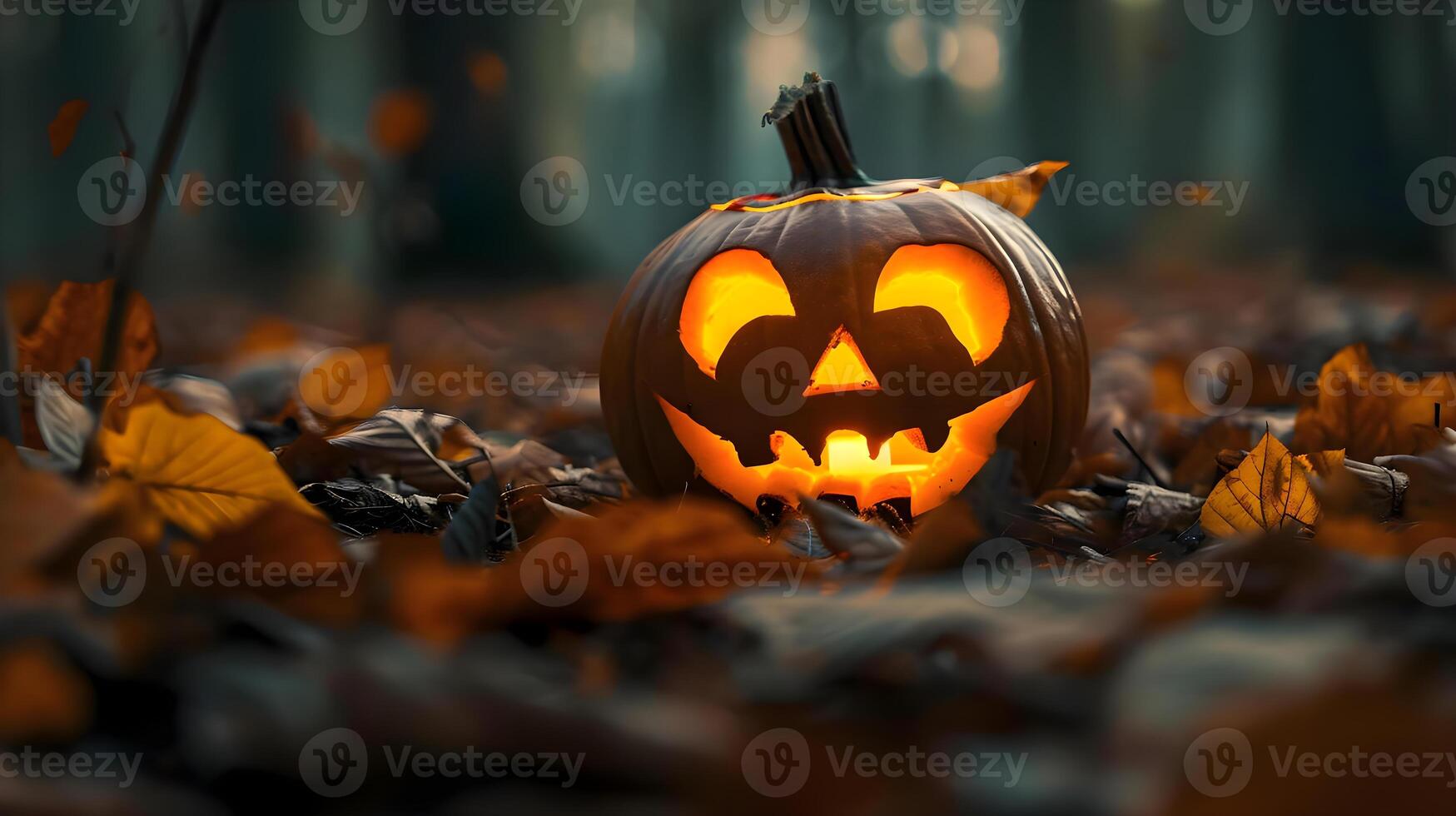 AI generated a carved jack o lantern sitting in the middle of leaves photo