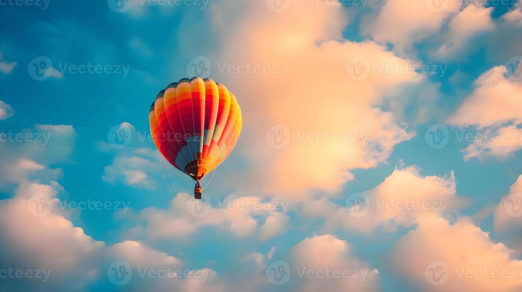 ai generado un caliente aire globo volador mediante un nublado azul cielo foto