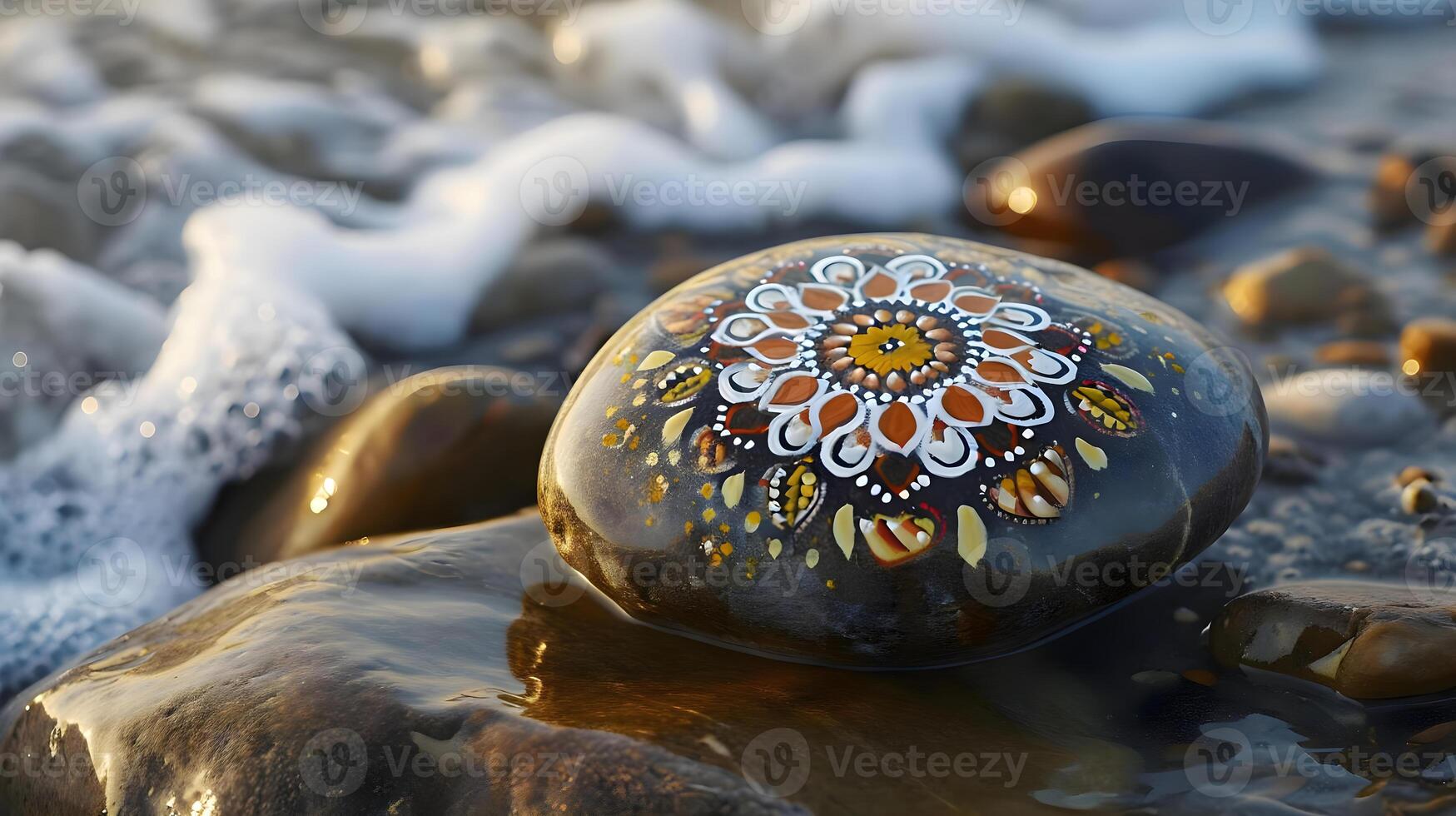 ai generado un pintado rock sentado en parte superior de un rocoso playa foto