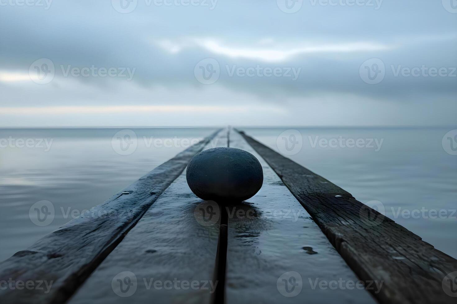 ai generado un rock sentado en parte superior de un de madera muelle foto