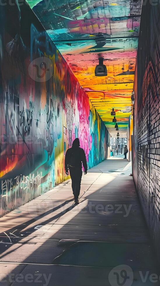 AI generated a person walking down a tunnel covered in graffiti photo