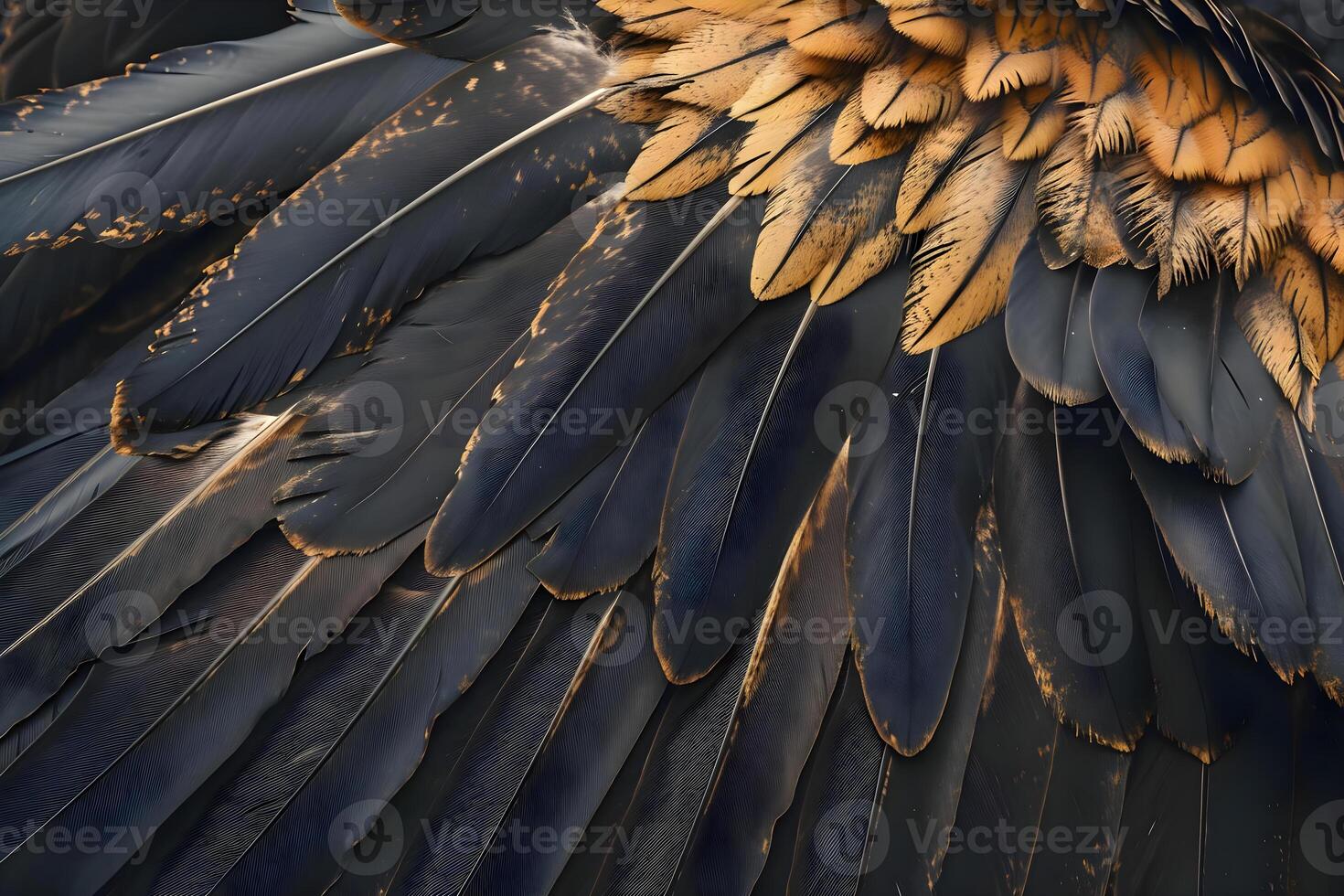 ai generado un cerca arriba de un negro y oro aves alas foto