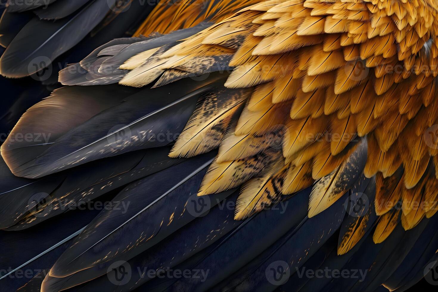 ai generado un cerca arriba de un amarillo y negro aves plumas foto