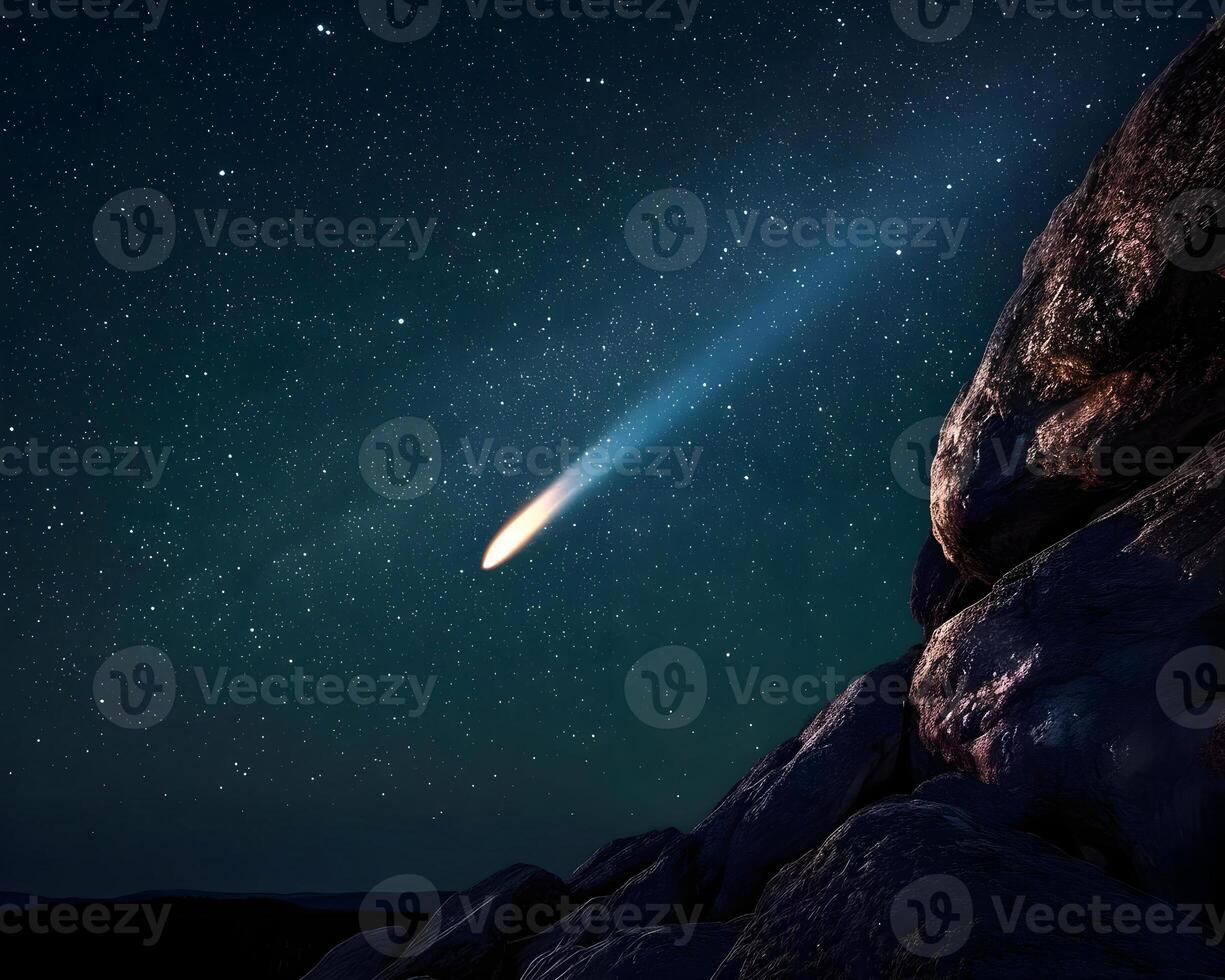 AI generated a comet is seen in the night sky above a rocky outcropping photo