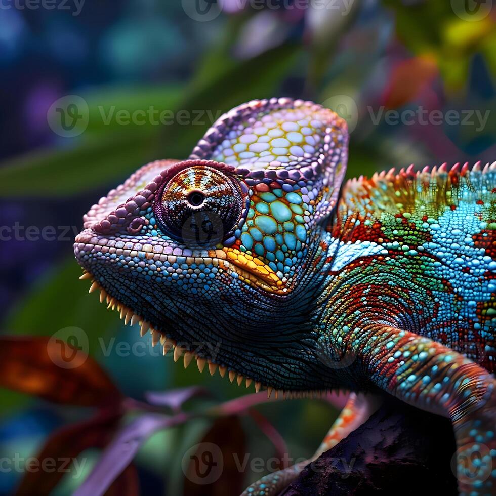 AI generated a close up of a colorful chamelon on a branch photo
