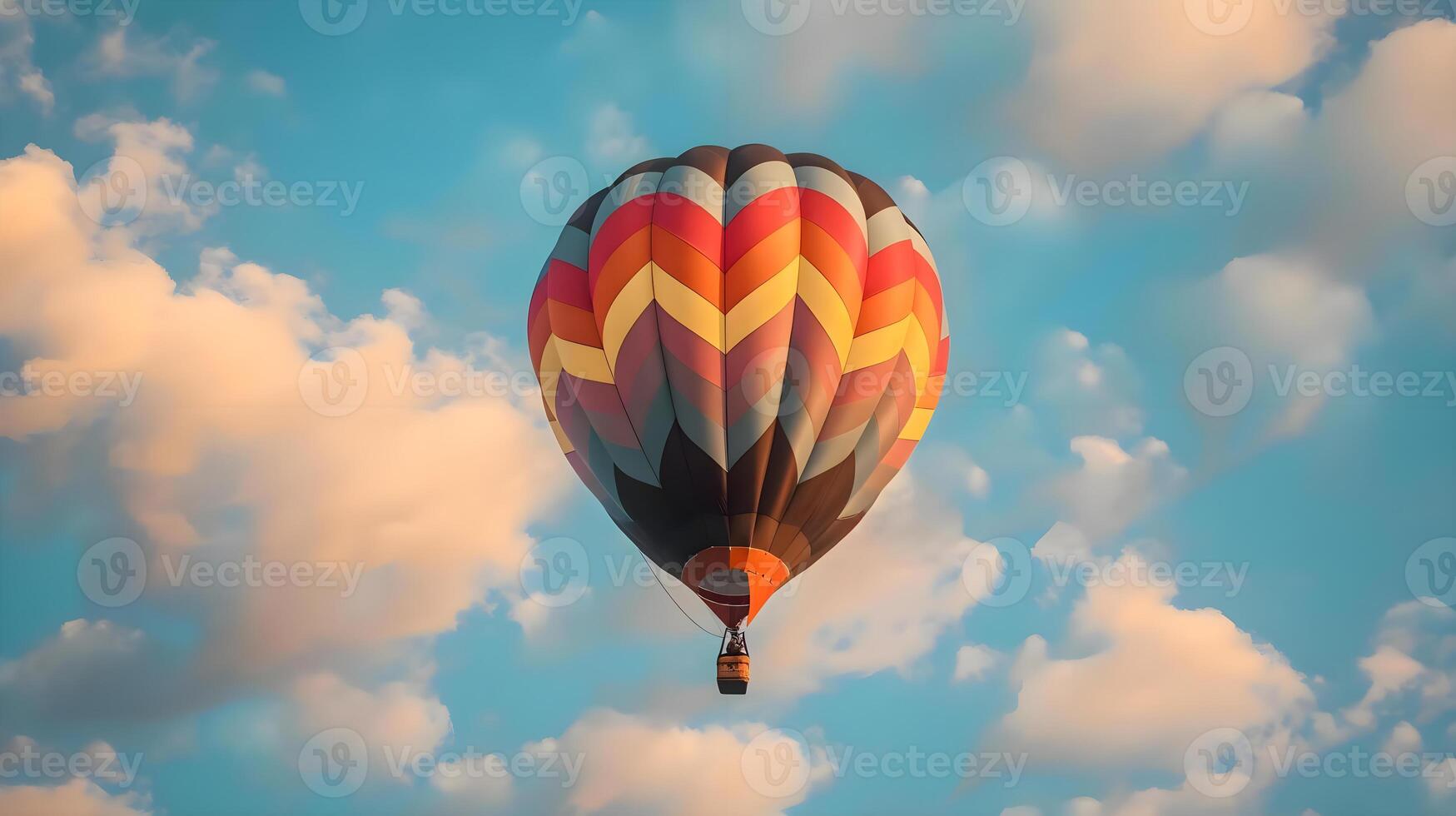 ai generado un caliente aire globo volador mediante un nublado azul cielo foto