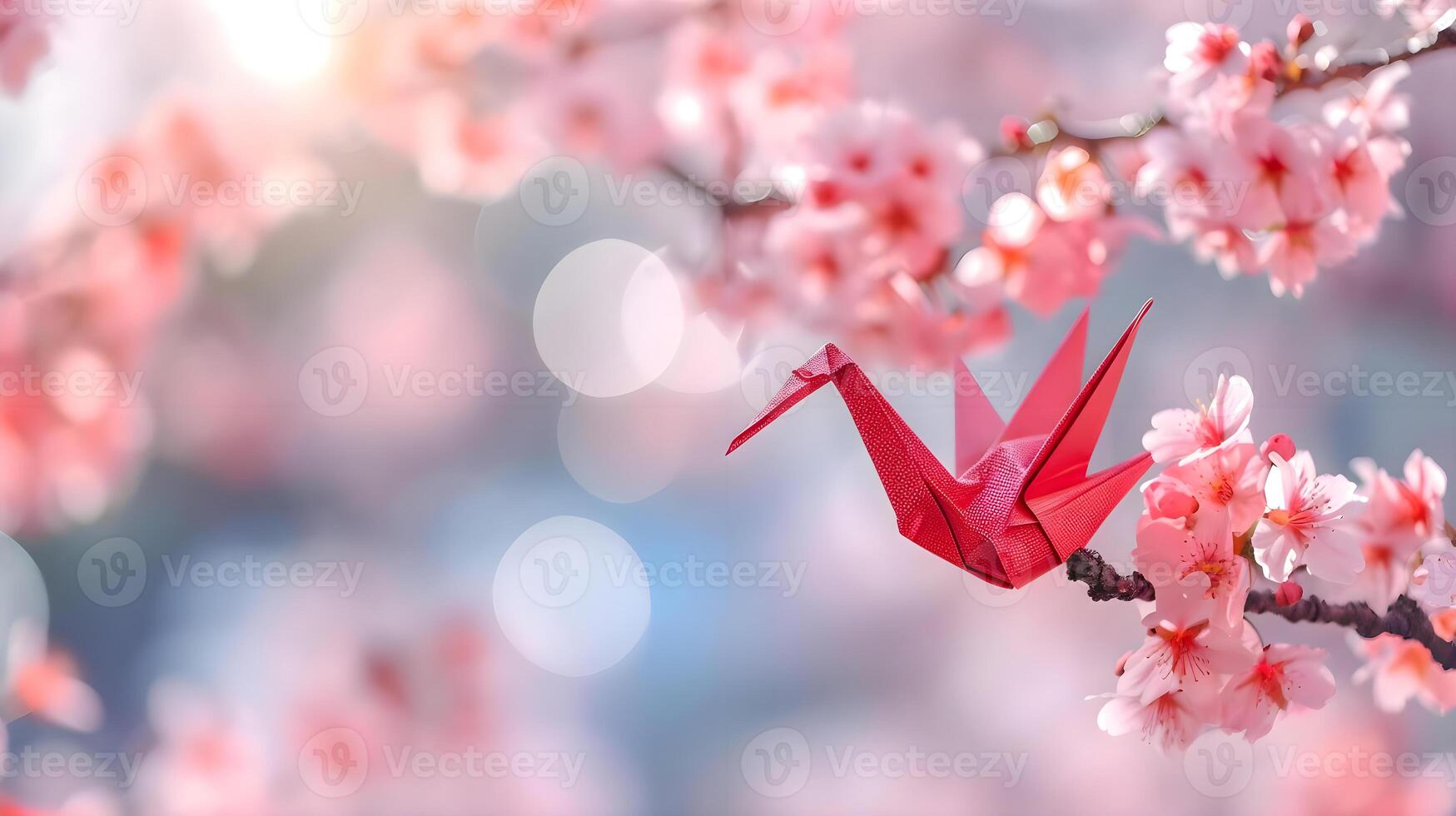 AI generated a red origami bird sitting on a branch of a blossoming tree photo