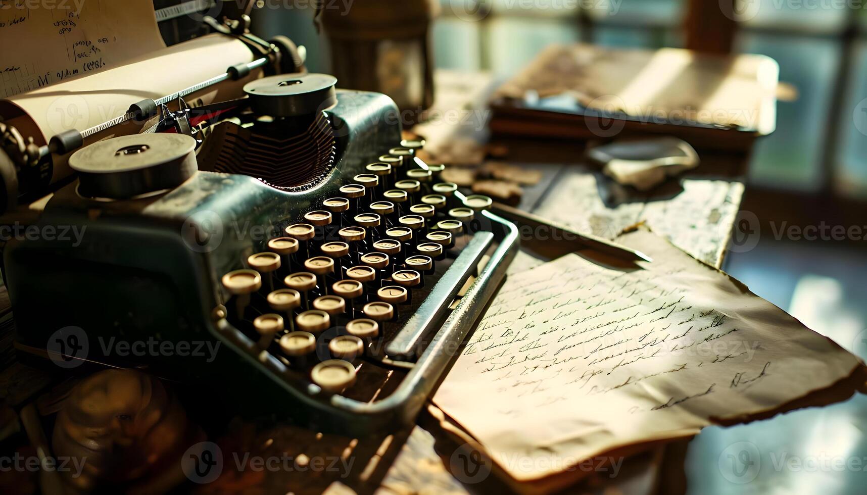 ai generado un antiguo pasado de moda máquina de escribir sentado en parte superior de un mesa foto