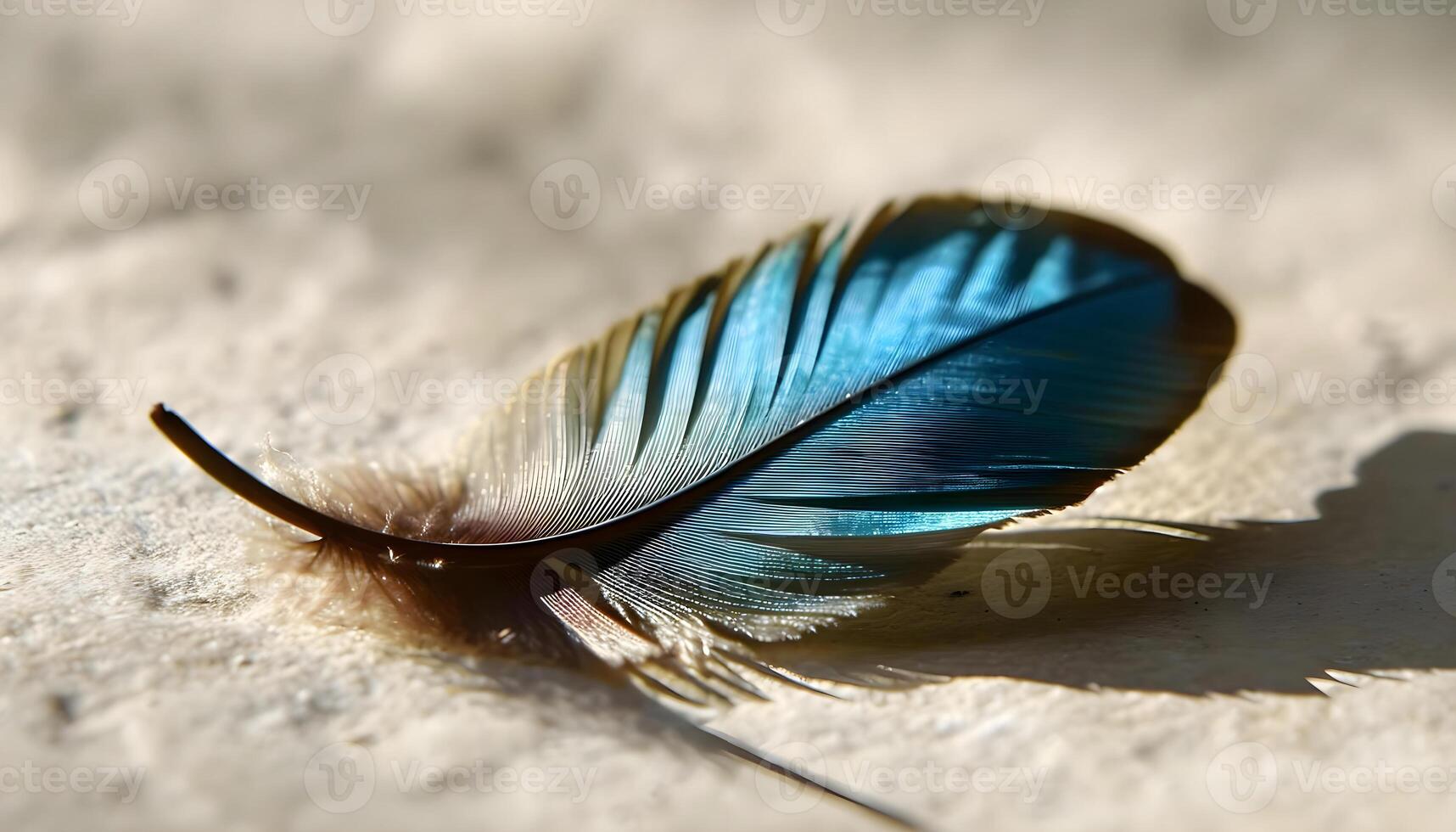 ai generado un azul pluma descansando en un blanco superficie foto