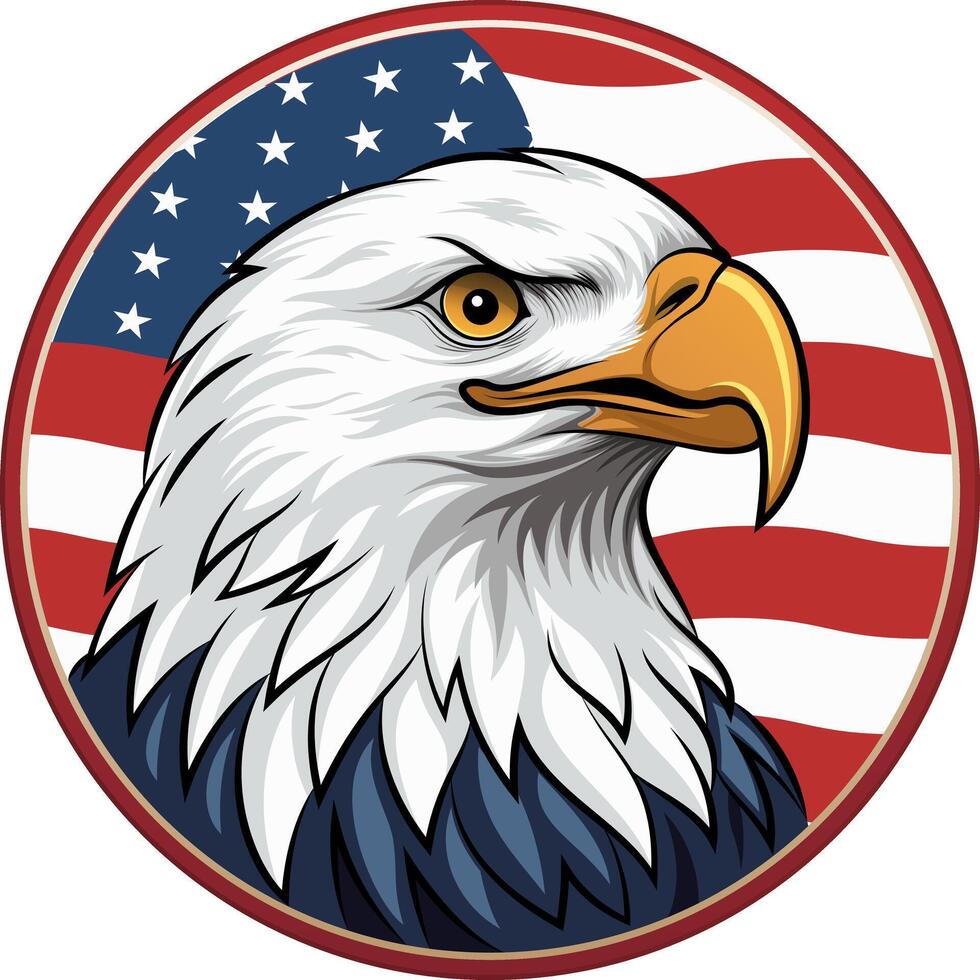 American Bald Eagle Head with American Flag in Circle Badge vector illustration - Vintage Retro American Flag Badge Design Featuring an Eagle Head