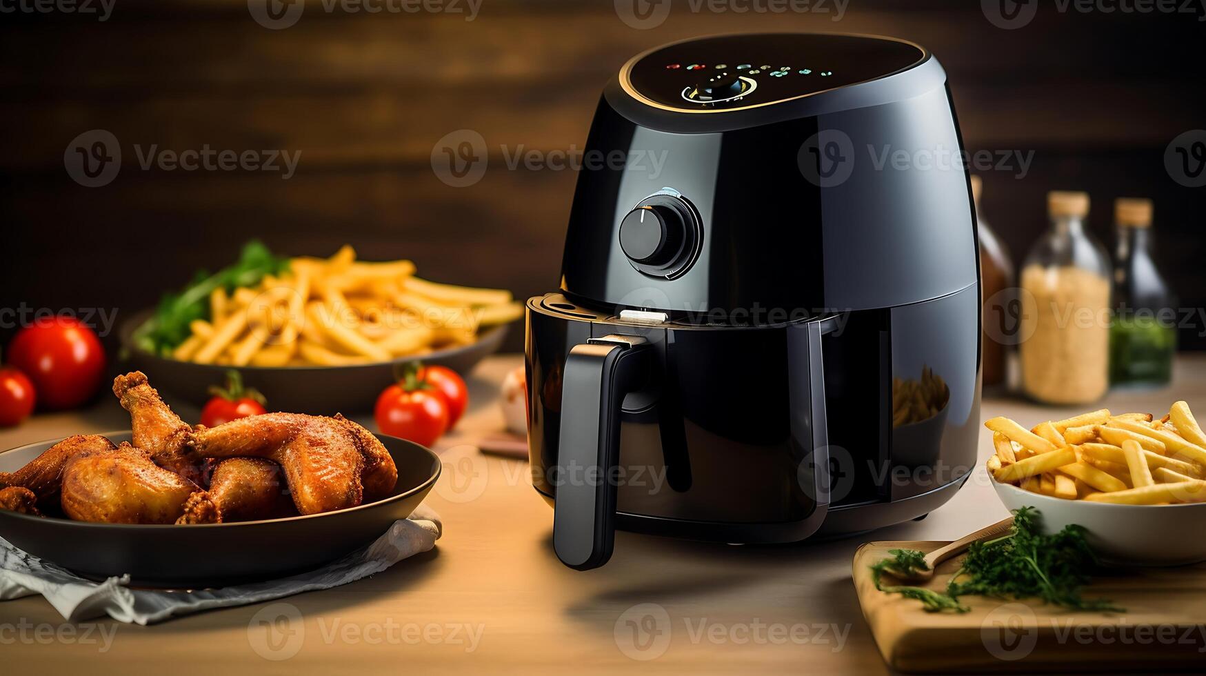 AI generated Black air fryer or oil free fryer appliance on the wooden table photo