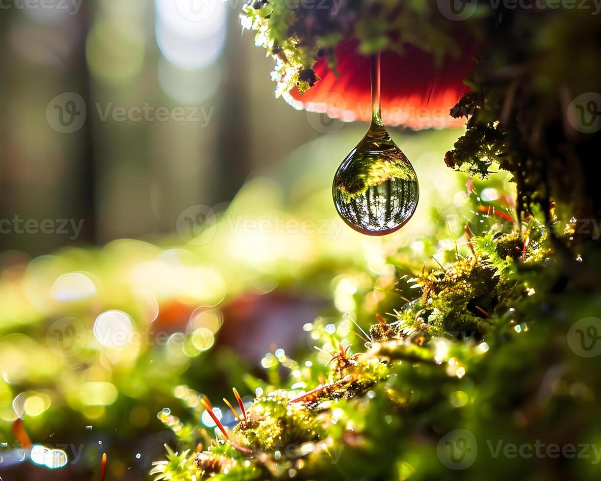 AI generated a drop of water hanging from a mossy tree photo