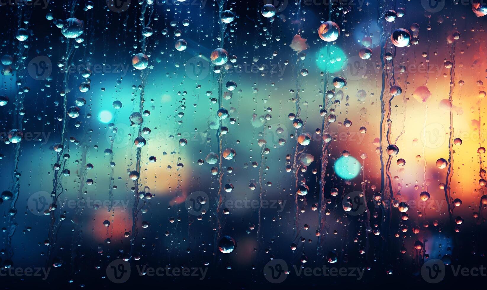 AI generated Raindrops on glass with bokeh background photo