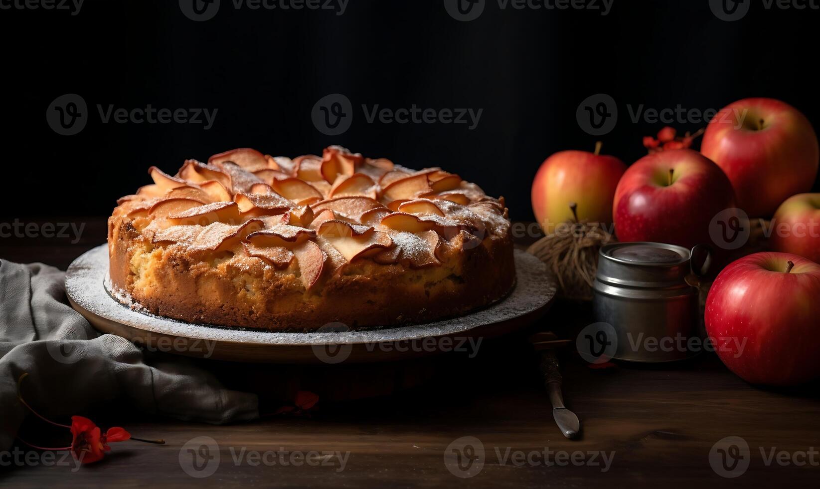 AI generated Apple cake in plate on grey wooden table photo