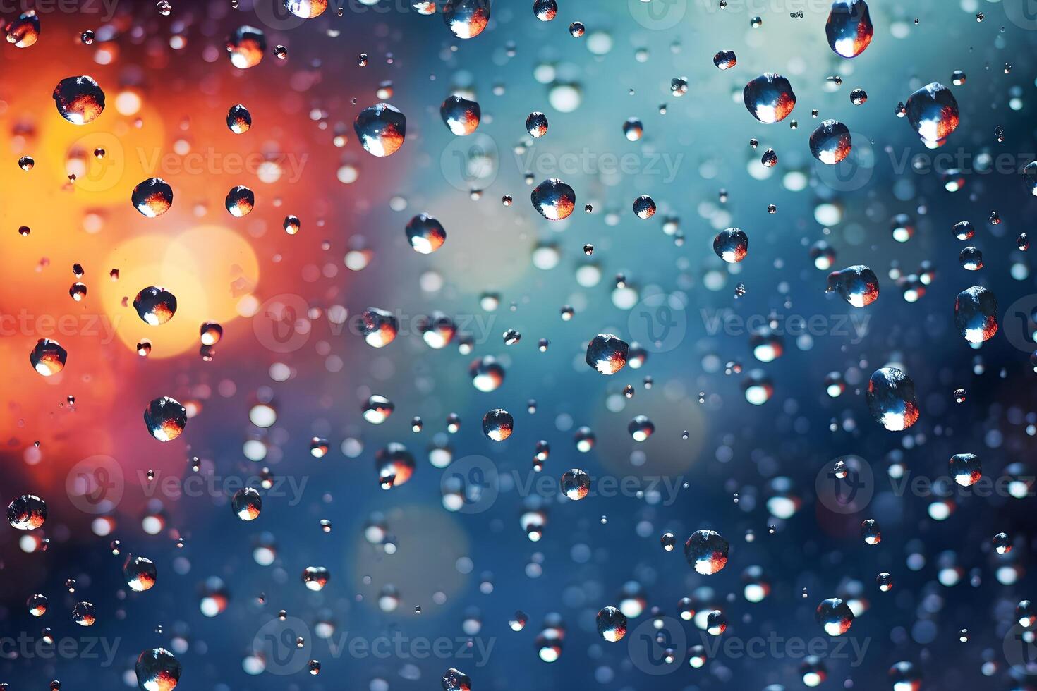 AI generated Rain drops on window glass with bokeh background photo